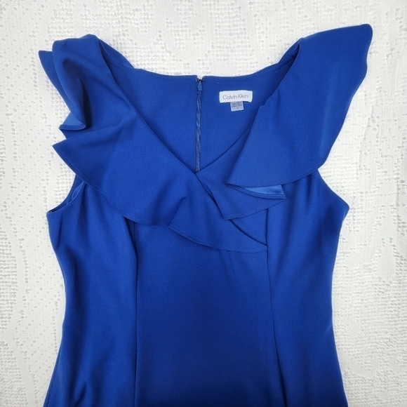 Calvin Klein Blue Ruffled V-Neck Midi Sheath Dress Size 12 - Picture 3 of 11